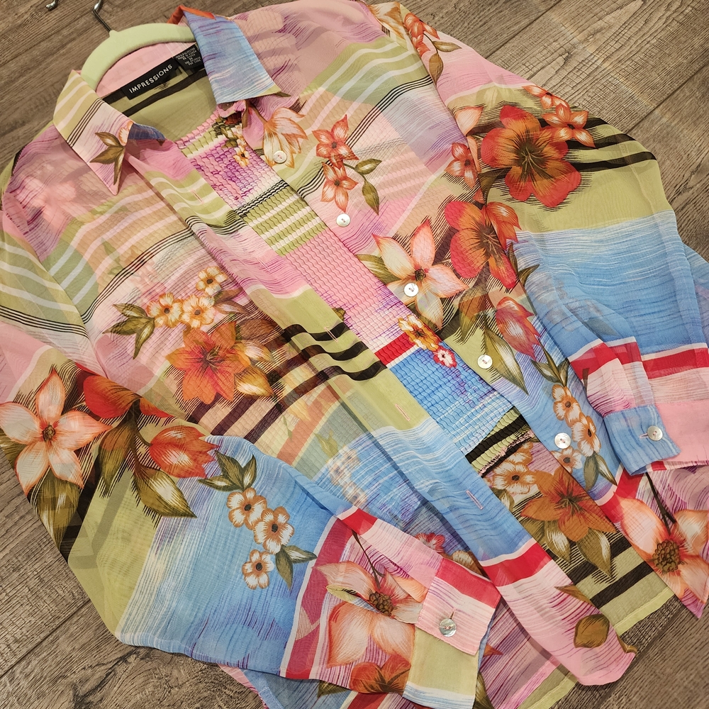 Vintage Impressions Womens 2 Piece Sheer Floral Blouse W/Tank Size M Long Sleeve - Picture 3 of 11